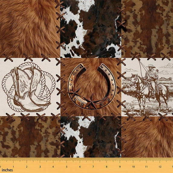 jejeloiu Brown Cow Hidet Fabric by the Yard 5 Yards,Western Farm Cowboy Fabric for Sewing,Retro Rustic Horseshoe Home Decor Fabric by the Yard For Boys Kids,Breathable Home Decor