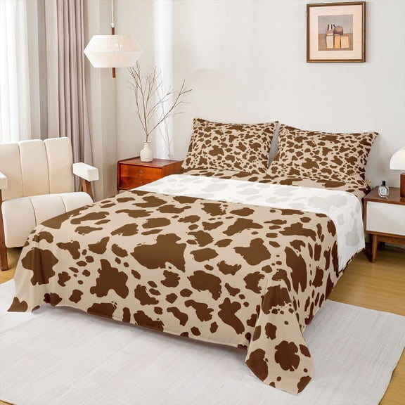 jejeloiu Brown Cow Print Full Size Sheets Kids,Rustic Farmhouse Bed Sheets For Boys,4-Piece