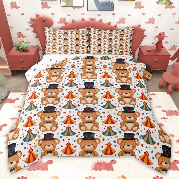 jejeloiu Brown Cute Bear Full Size Comforter Sets,Multicolor Circle Dots Bedding Sets For Girls Kids Reversible 3pcs