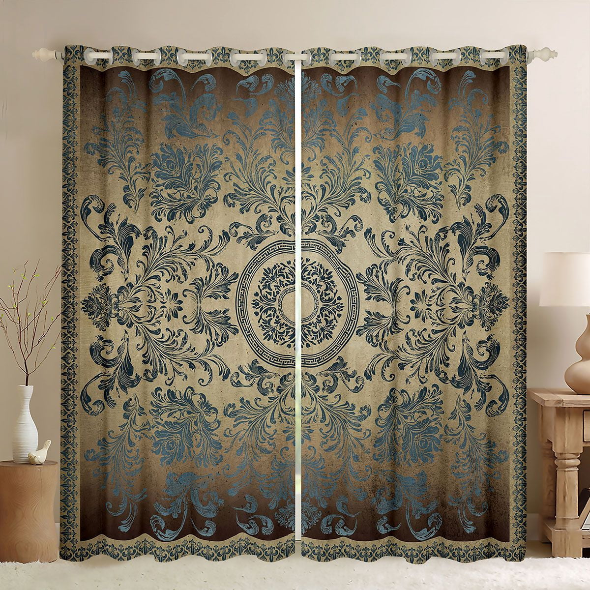 jejeloiu Brown Deeoblue Curtains Pack of 2 (42x84 Each),Retro Victorian ...