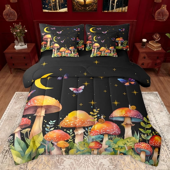 jejeloiu Brown Fungus Mushroom 7pcs Bedding Comforter Set,Gold Rhombus Stars Queen Bedding Sets,Retro Rustic Plants Queen Sheet Sets For Men Women,Super Cozy Room Decor Reversible