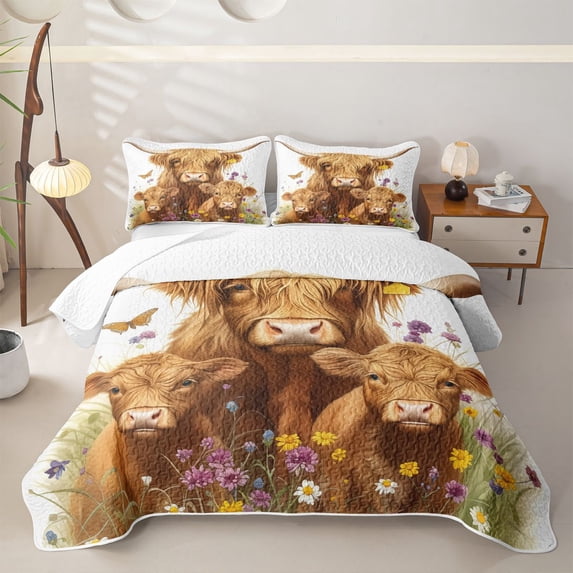 jejeloiu Brown Highland Cattle Twin Quilt Set For Kids,Countryside Flowers Rustic Farmhouse Theme Twin Coverlet Set For Girls,2-Piece