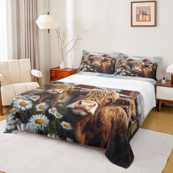 jejeloiu Brown Highland Cow Twin Sheet Sets,Retro Rustic Flowers Twin Fitted Sheet,Old Barn Door Flat Sheet For Men Women,Microfiber Bedroom Decor,3-Piece