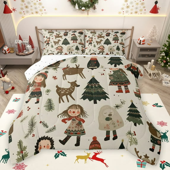jejeloiu Brown Jungle Deer Full Size Comforter Sets,Retro Christmas Tree Bedding Comforter Set,Rustic Western Farmhouse Bedding Sets For Girls Kids,Microfiber Bedroom Decor Reversible,3 Pieces