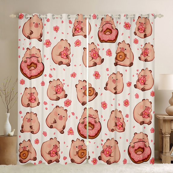 jejeloiu Brown Kawaii Capybara Black Out Curtains,Pink Cherry Blossom Curtains Pack of 2 (42x63 Each) For Teens