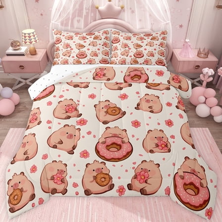 jejeloiu Brown Kawaii Capybara Twin Comforter Sets,Pink Cherry Blossom Bedding Set For Teens Reversible 2pcs