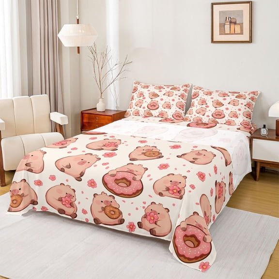jejeloiu Brown Kawaii Capybara Twin Sheet Sets,Pink Cherry Blossom Bedding For Teens 3pcs