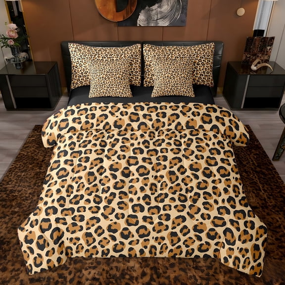 jejeloiu Brown Leopard Pattern 7-Piece Twin Bedding Sets,Wild Animals Bedding Comforter Set For Cheetah Lover Reversible