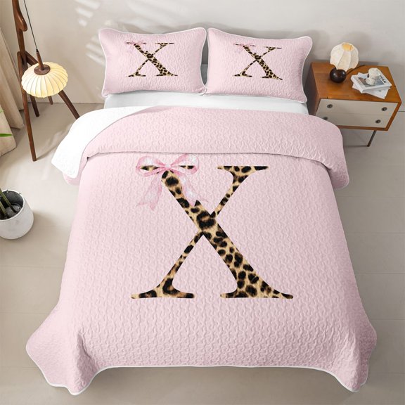 jejeloiu Brown Leopard Print Monogrammed Quilt King For Kids,D Cartoon Initial Letter X King Coverlet Set For Girls,3 Pieces
