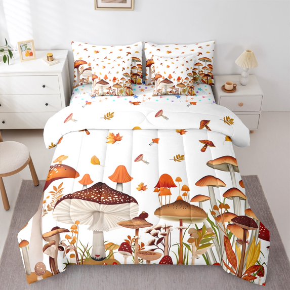 jejeloiu Brown Mushroom 7-Piece Bedding Comforter Set,Natural Plant King Bedding Sets,Rustic Flower Floral Bed Sheets For Child,Super Cozy Room Decor Reversible