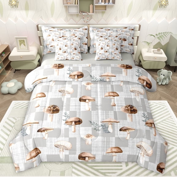jejeloiu Brown Mushroom 7pcs Bedding Comforter Set,Rustic Fungus Plant Queen Bedding Sets,Retro Graffiti Plaid Queen Sheet Sets For Boys Kids,Luxury Bedroom Decor Reversible