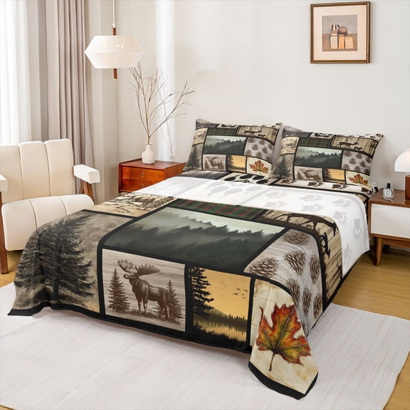 jejeloiu Brown Pine Cone Bed Sheets,Jungle Wildlife Moose King Sheets For Adults 4pcs