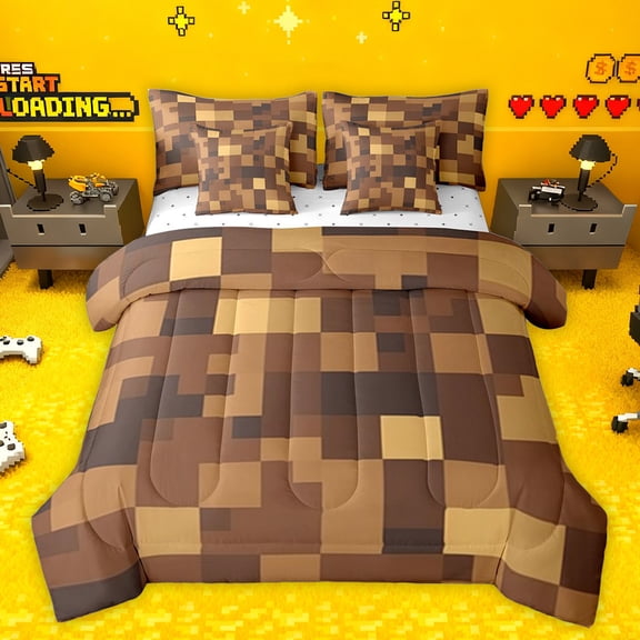 jejeloiu Brown Pixel Grid 7pcs Bedding Comforter Set,Miners Video Game Queen Bedding Sets,Patchwork Geometric Check Queen Sheet Sets For Men Women,Microfiber Bedroom Decor Reversible