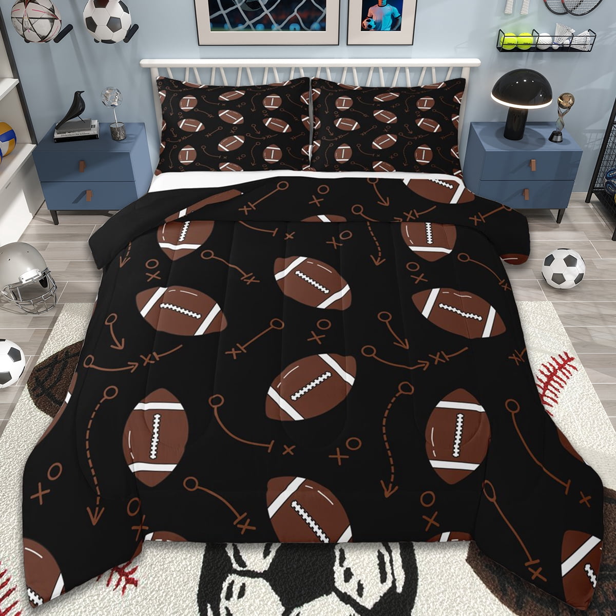 jejeloiu Brown Rugby Queen Comforter Set,Sports Theme Bedding Sets,American Ball Bedding Comforter Set For Boys Kids,Room Decor Super Cozyation Reversible,3 Pieces