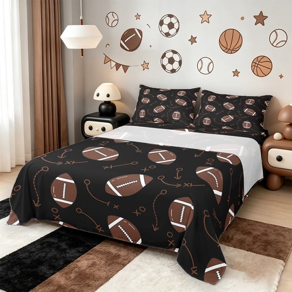jejeloiu Brown Rugby Twin Sheet Sets,Sports Theme Twin Fitted Sheet,Ball Sport Games Flat Sheet For Boys Kids,Super Cozy Room Decoration,3pcs