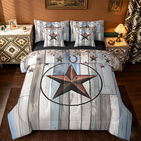 jejeloiu Brown Texas Stars Bedding Comforter Set,7pcs,Old Barn Door Queen Bedding Sets,Retro Farm Lodge Queen Sheet Sets,Microfiber Bedroom Decoration Reversible