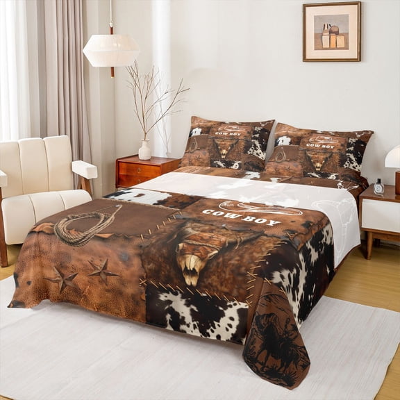 jejeloiu Brown Western Cowboy Full Size Sheets Kids,Rustic Cow Print Bed Sheets,4 Pieces