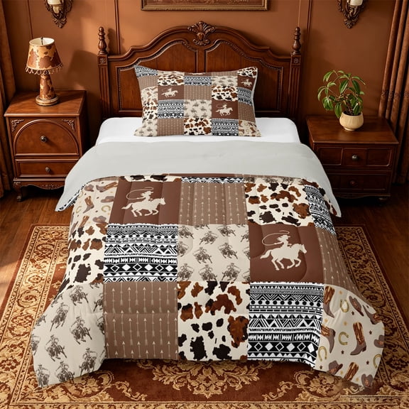 jejeloiu Brown Western Cowboy Twin Comforter Sets Kids,Patchwork Geometric Plaid Bedding Set For Boy,Reversible,2pcs