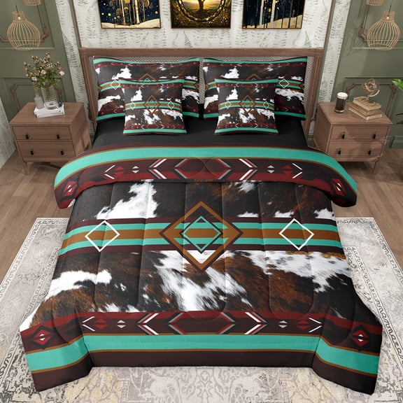jejeloiu Brown White Cowhide 7-Piece Twin Bedding Sets,Rustic Cattle Hide Bedding Comforter Set,Cyna Striped Brown Rhombus Sheet Sets For Adult,Luxury Bedroom Decor Reversible