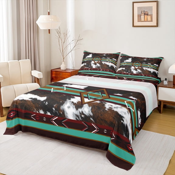 jejeloiu Brown White Cowhide Bed Sheets,Rustic Cattle Hide King Sheets,Cyna Striped Brown Rhombus Sheet Set For Adult,Luxury Bedroom Decor,4pcs