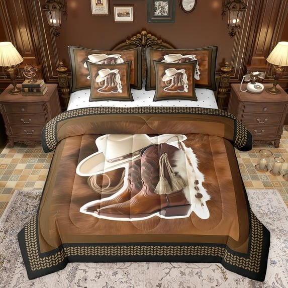 jejeloiu Brpwn Cowboy Boots 7pcs Bedding Comforter Set,Rustic Cowhide Pattern Queen Bedding Sets,Cabin Farmhouse Queen Sheet Sets For Boys Girls,Breathable Home Decor Reversible