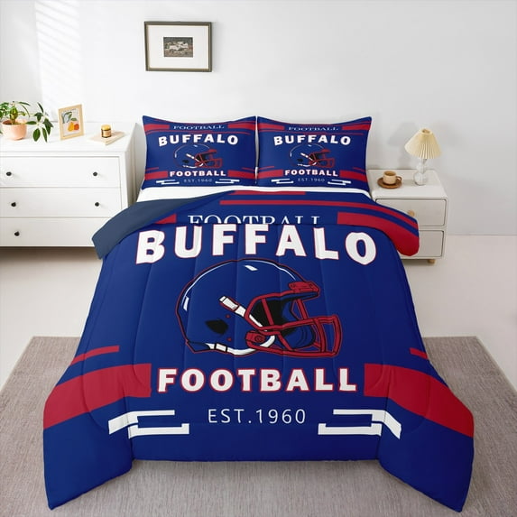jejeloiu Buffalo Rugby City Queen Comforter Set,Ball Game Gaming Bedding Sets,Red White Blue Bedding Comforter Set For Boys Kids,Breathable Home Decor Reversible,3pcs