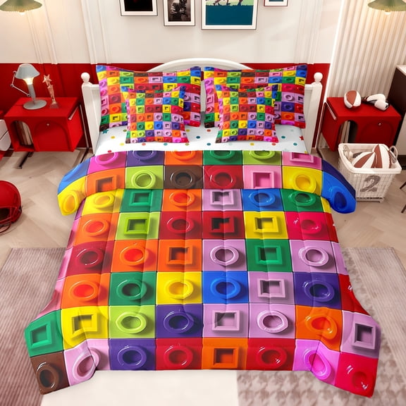 jejeloiu Building Block Game 7-Piece Bedding Comforter Set,Colorful Geometric Brick King Bedding Sets,Toy Gaming Bed Sheets For Boys Kids,Ultra Soft Home Decor Reversible