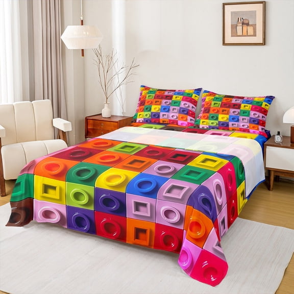 jejeloiu Building Block Game Queen Sheet Sets,Colorful Geometric Brick Flat Sheet,Toy Gaming Queen Fitted Sheet For Boys Kids,Ultra Soft Home Decor,4pcs