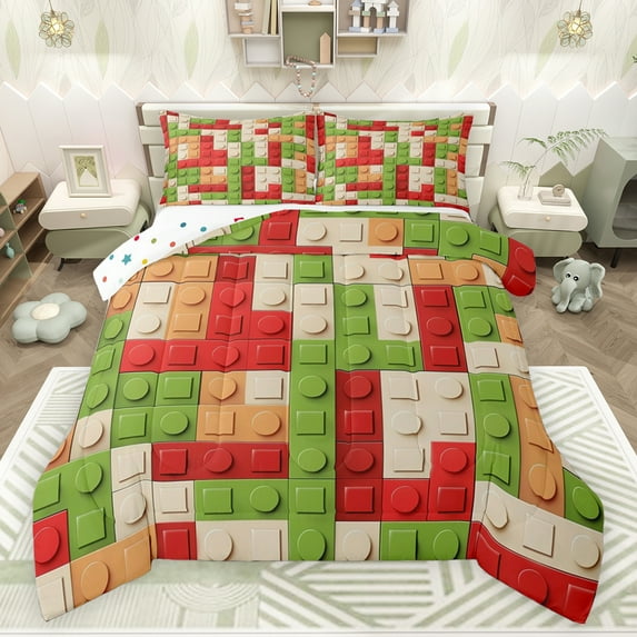 jejeloiu Building Block Print Bedding Comforter Set,Colorful Funny Toy Twin Comforter Sets,Abstract Striped Plaid Bedding Set For Kids,Super Cozy Room Decor Reversible,2 Pieces