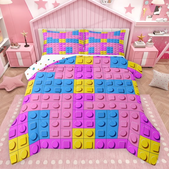 jejeloiu Building Block Print Bedding Comforter Set,Colorful Funny Toy Twin Comforter Sets,Pink Purple Blue Yellow Bedding Set For Kids,Super Cozy Room Decor Reversible,2 Pieces