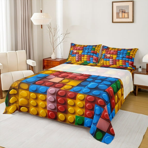 jejeloiu Building Blocks Full Size Sheets,Colorful Geometric Plaid Bed Sheets,Boys Games Sheet Sets,Super Cozy Bedroom Decor,4 Pieces