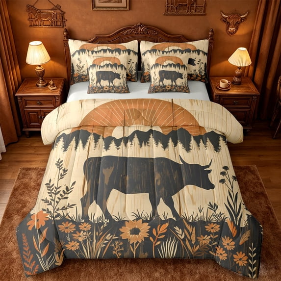 jejeloiu Bull Mountain Sunset 7-Piece Bedding Comforter Set Kids,Western Animal Print King Bedding Sets,Reversible