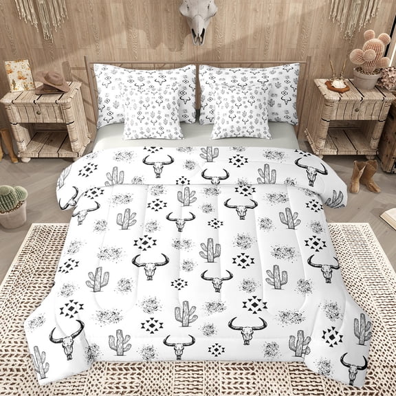 jejeloiu Bull Skull 7-Piece Bedding Comforter Set,Boho Tribal King Bedding Sets,Abstract Aztec Geometric Bed Sheets For Men Women,Ultra Soft Home Decor Reversible