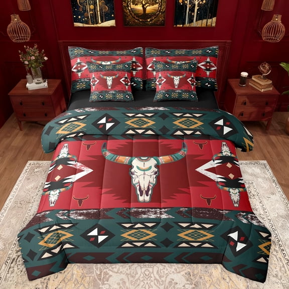 jejeloiu Bull Skull 7 Pieces Bedding Comforter Set,Boho Exotic Style Full Bedding Set,Abstract Aztec Geometric Fitted Sheet Flat Sheet For Men Women,Ultra Soft Home Decor Reversible