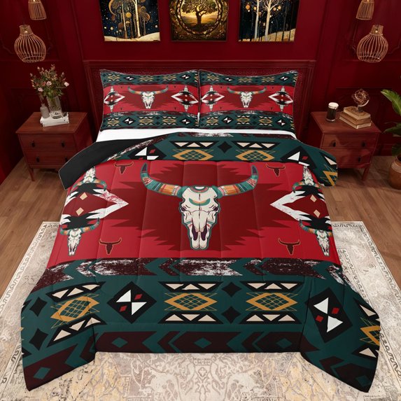 jejeloiu Bull Skull Bedding Comforter Set,Boho Exotic Style Twin Comforter Sets,Abstract Aztec Geometric Bedding Set For Men Women,Ultra Soft Home Decor Reversible,2-Piece