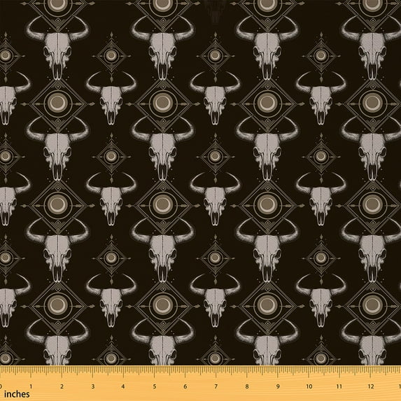 jejeloiu Bull Skull Fabric by the Yard 5 Yards,Retro Boho Print Fabric for Sewing,White Brown Bohemian Home Decor Fabric by the Yard For Men Women,Ultra Soft Home Decor