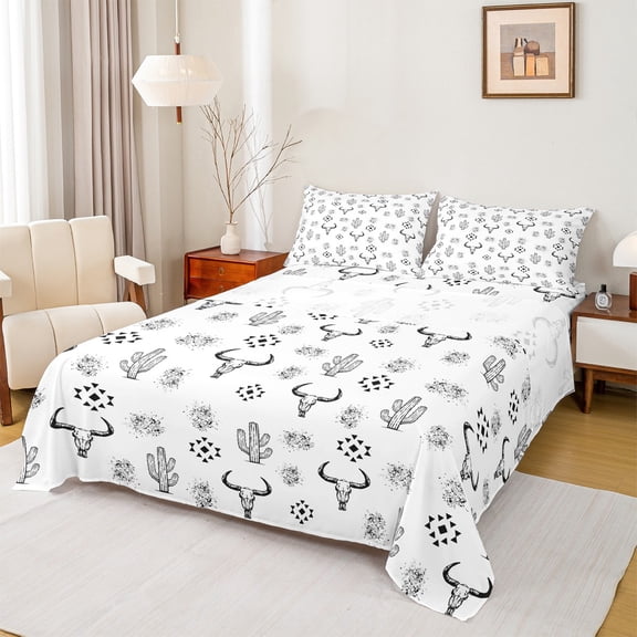 jejeloiu Bull Skull Queen Sheet Sets,Boho Tribal Flat Sheet,Abstract Aztec Geometric Queen Fitted Sheet For Men Women,Ultra Soft Home Decor,4pcs