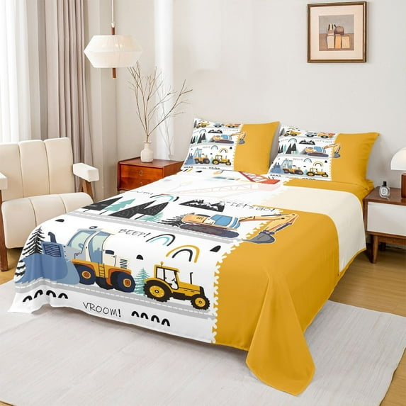 jejeloiu Bulldozer Crane Truck Full Size Sheets,Construction Vehicles Excavator Bed Sheets,White Yellow Sheet Sets For Boys Teens,Microfiber Bedroom Decor,4 Pieces