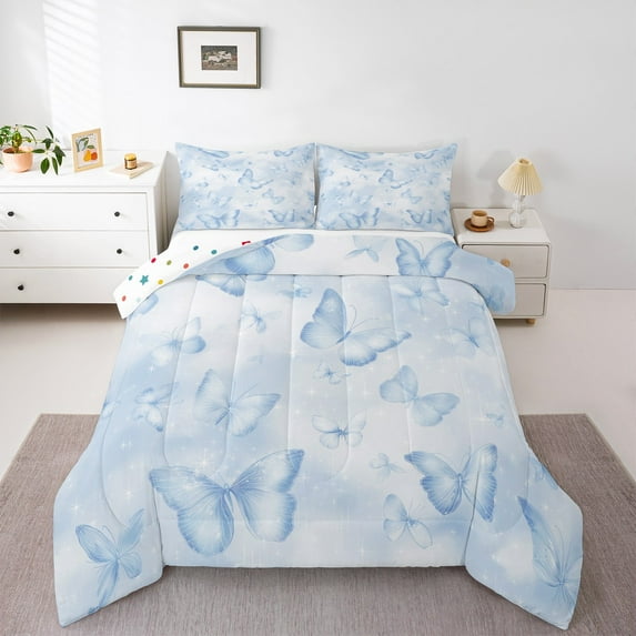 jejeloiu Butterfly Full Size Comforter Sets,Rustic Animal Bedding Comforter Set,Gradient White Blue Bedding Sets For Girls,Breathable Home Decor Reversible,3 Pieces