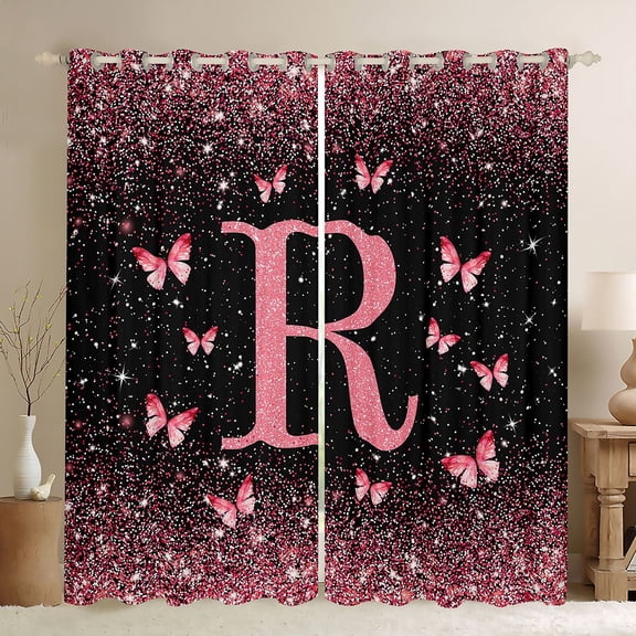 jejeloiu Butterfly Glitter Initial R Print Black Out Curtains For Girls,Pink Monogrammed Theme Curtains Pack of 2 (42x63 Each) For Kids