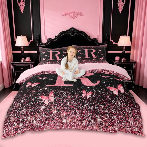 jejeloiu Butterfly Glitter Initial R Print Duvet Cover Set For Girls,Pink Monogrammed Theme Bedding Full For Kids,Pink Reversible,3pcs(No Comforter)