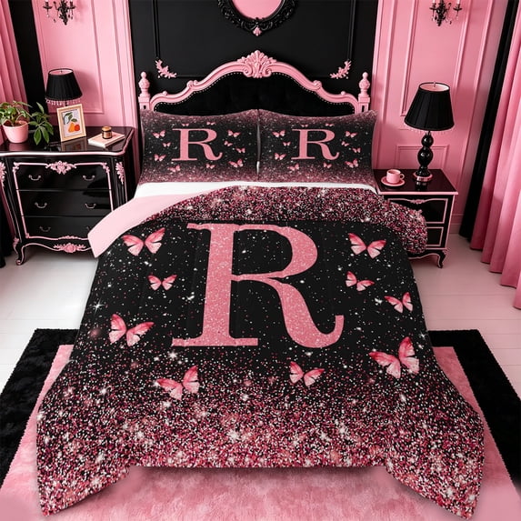 jejeloiu Butterfly Glitter Initial R Print Full Size Comforter Sets For Girls,Pink Monogrammed Theme Bedding Sets For Kids,Pink Reversible,3pcs