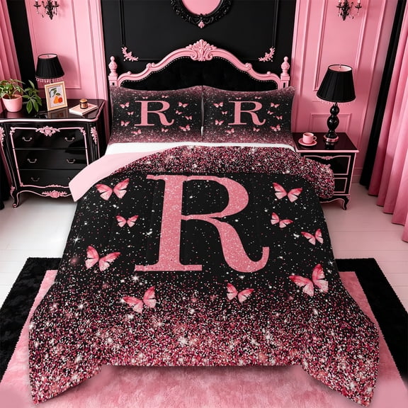 jejeloiu Butterfly Glitter Initial R Print Full Size Comforter Sets For Girls,Pink Monogrammed Theme Bedding Sets For Kids,Pink Reversible,3pcs