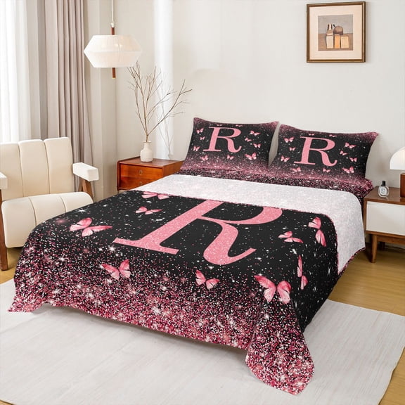 jejeloiu Butterfly Glitter Initial R Print Full Size Sheets For Girls,Pink Monogrammed Theme Bed Sheets For Kids,4pcs