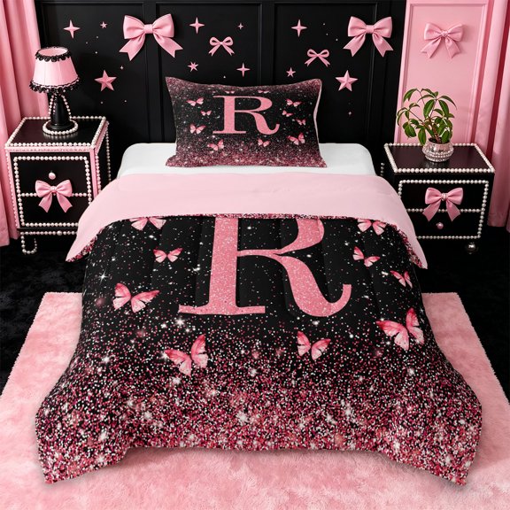 jejeloiu Butterfly Glitter Initial R Print Twin Comforter Sets For Girls,Pink Monogrammed Theme Bedding Set For Kids,Pink Reversible,2 Pieces