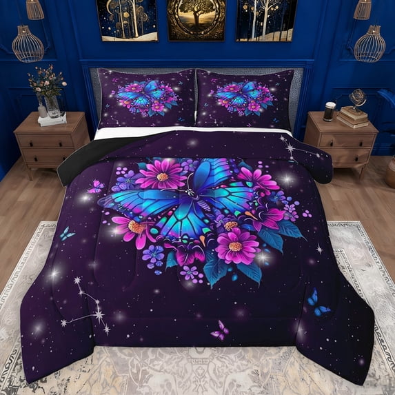 jejeloiu Butterfly Print Bedding Comforter Set,Retro Rustic Floral Twin Comforter Sets,Pink Purple Blue Bedding Set For Girl,Microfiber Bedroom Decor Reversible,2pcs