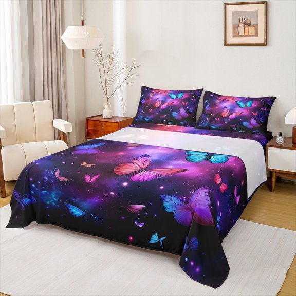 jejeloiu Butterfly Twin Sheet Sets,Galaxy Starry Sky Twin Fitted Sheet,Gradient Pink Purple Blue Flat Sheet For Girls,Breathable Home Decor,3 Pieces