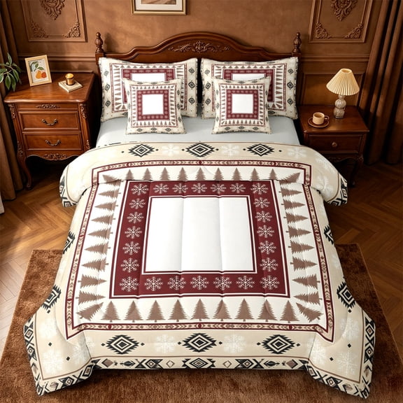 jejeloiu Cabin Snowflake 7-Piece Twin Bedding,Lodge Pattern Bedding Comforter Set For Boys,Beige Red,Light Gray Reversible