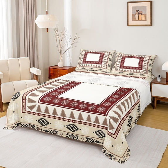 jejeloiu Cabin Snowflake Bed Sheets,Lodge Pattern Full Size Sheets For Boys,Beige Red,4 Pieces,1 Flat Sheet, 1 Fitted Sheet and 2 Pillowcases