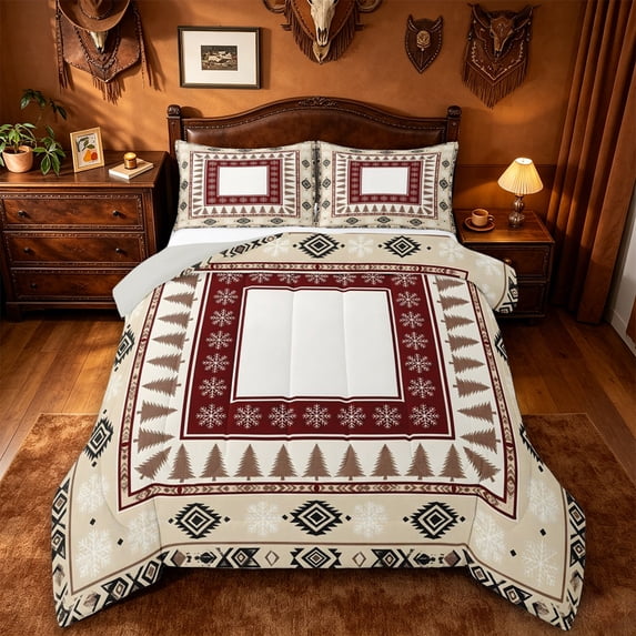 jejeloiu Cabin Snowflake Full Size Comforter Sets,Lodge Pattern Bedding Comforter Set For Boys,Beige Red,Light Gray Reversible,3 Pieces,1 Comforter and 2 Pillowcases